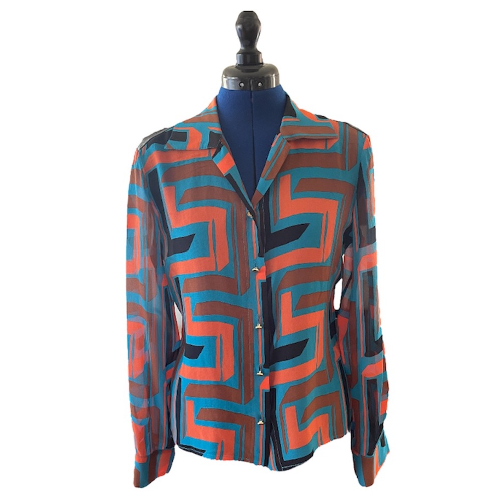 Versace Colorblock Geo-Print Silk Blouse in Teal, Orange and Navy